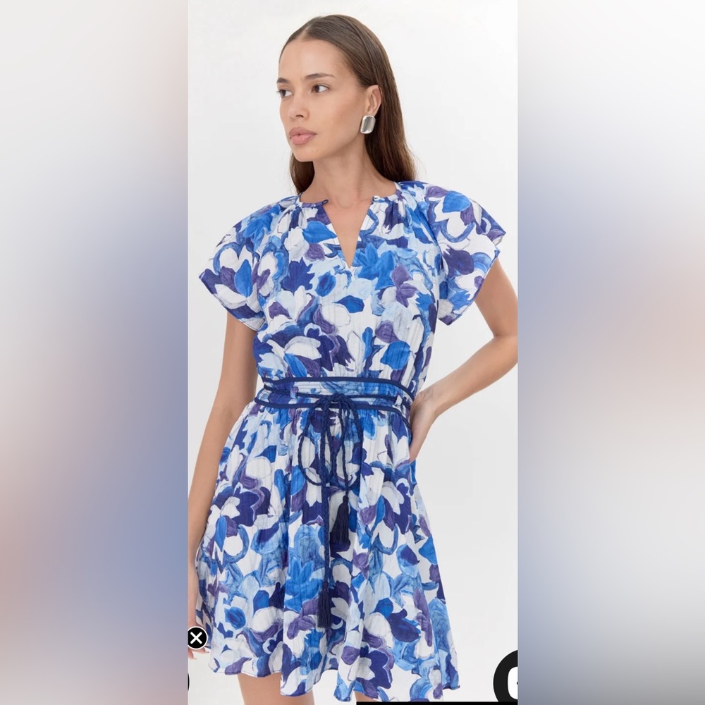 New Adelyn Rae Aeila Textured Dress Braided Belt Mini Blue Floral Size XS